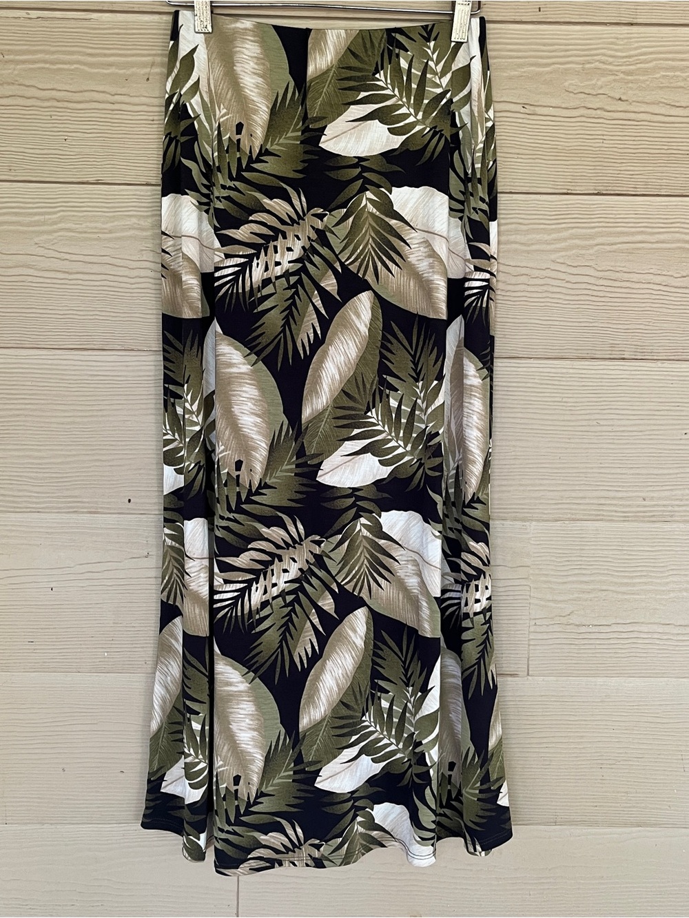 Papermoon Black Maxi Skirt with Olive and White Tropical Leaf Print Aloha Wear